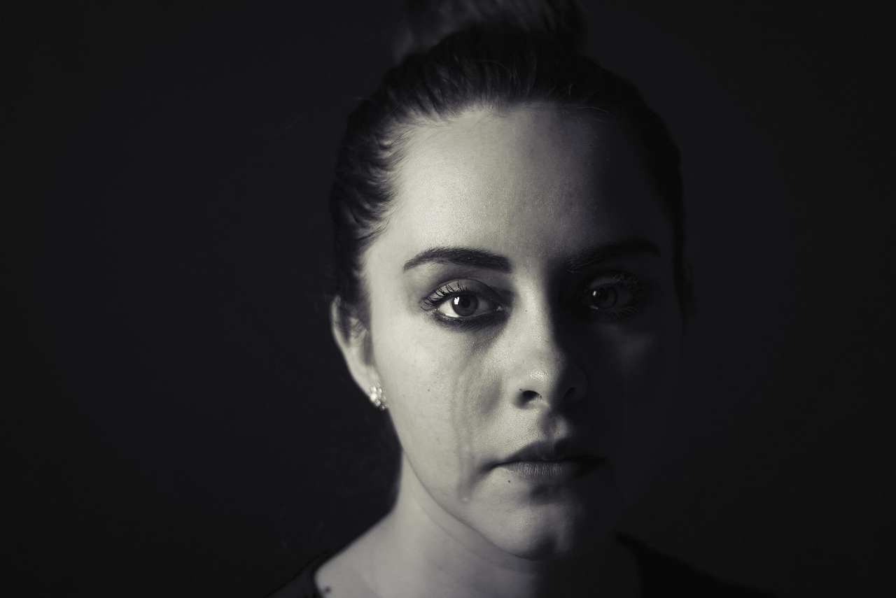 black white close-up face with visible tear streaks